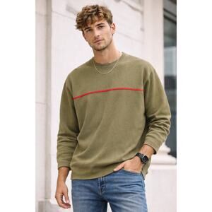 J.Crew Olive Green Crewneck Sweatshirt Red Stripe XL